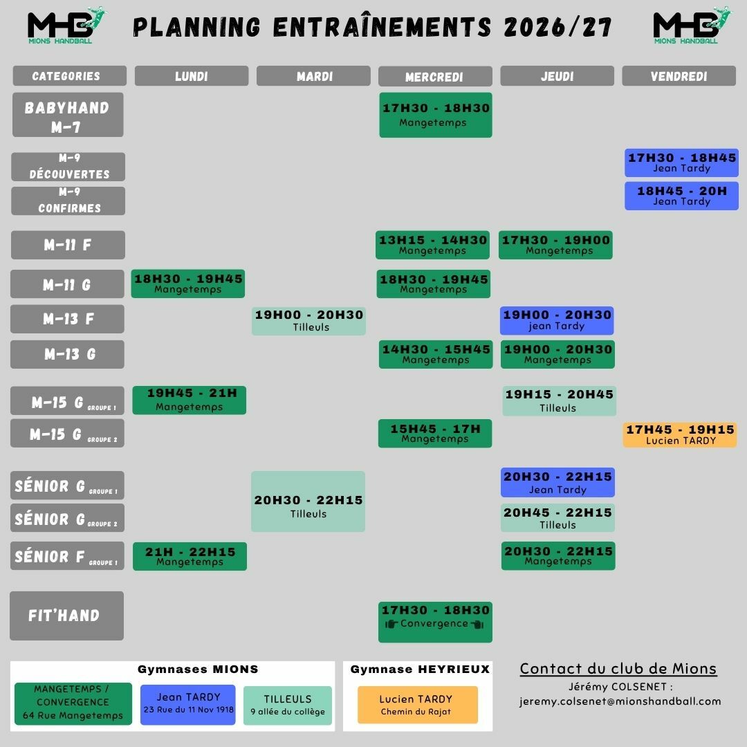 Planning des entrainements saison 2026-2027