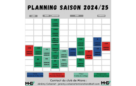 Planning entrainements MHB saison 2024 / 2025