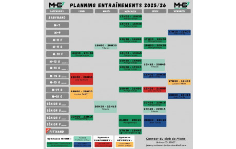 Planning entrainements saison 2025 / 2026